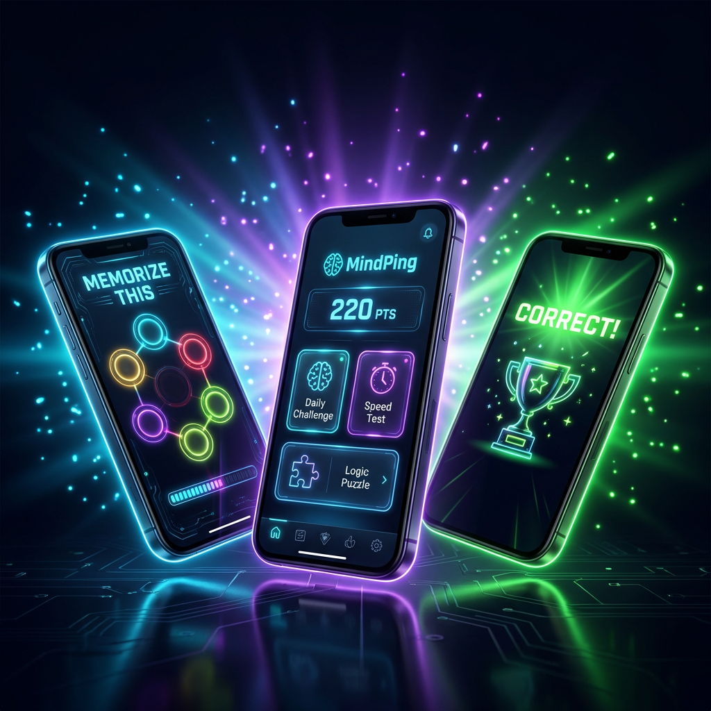 MindPing app screens showing memorize challenge and victory screen